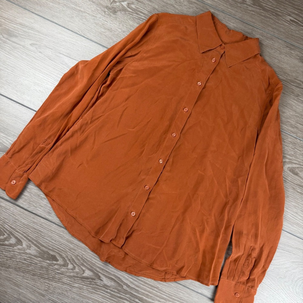 Uniqlo Womens Button Down Shirt 100% Silk Long Sleeve Burnt Orange Small S